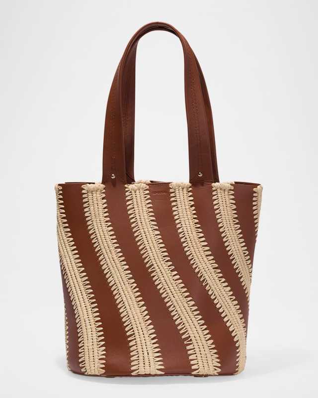 Talia Raffia-Embroidered Leather Tote Bag